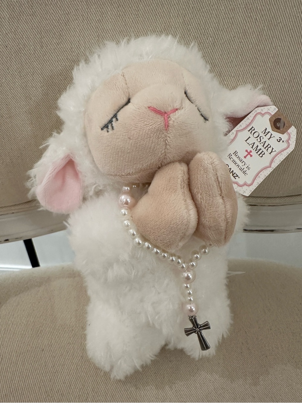 Plush White Lamb Prayer Toy with Pink Rosary
